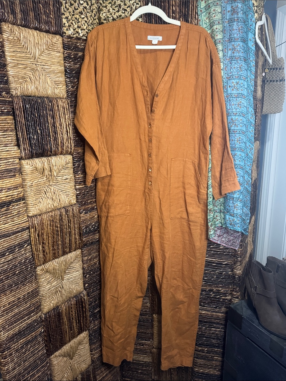 Outerknown Rust Orange Linen Button-Front Jumpsuit